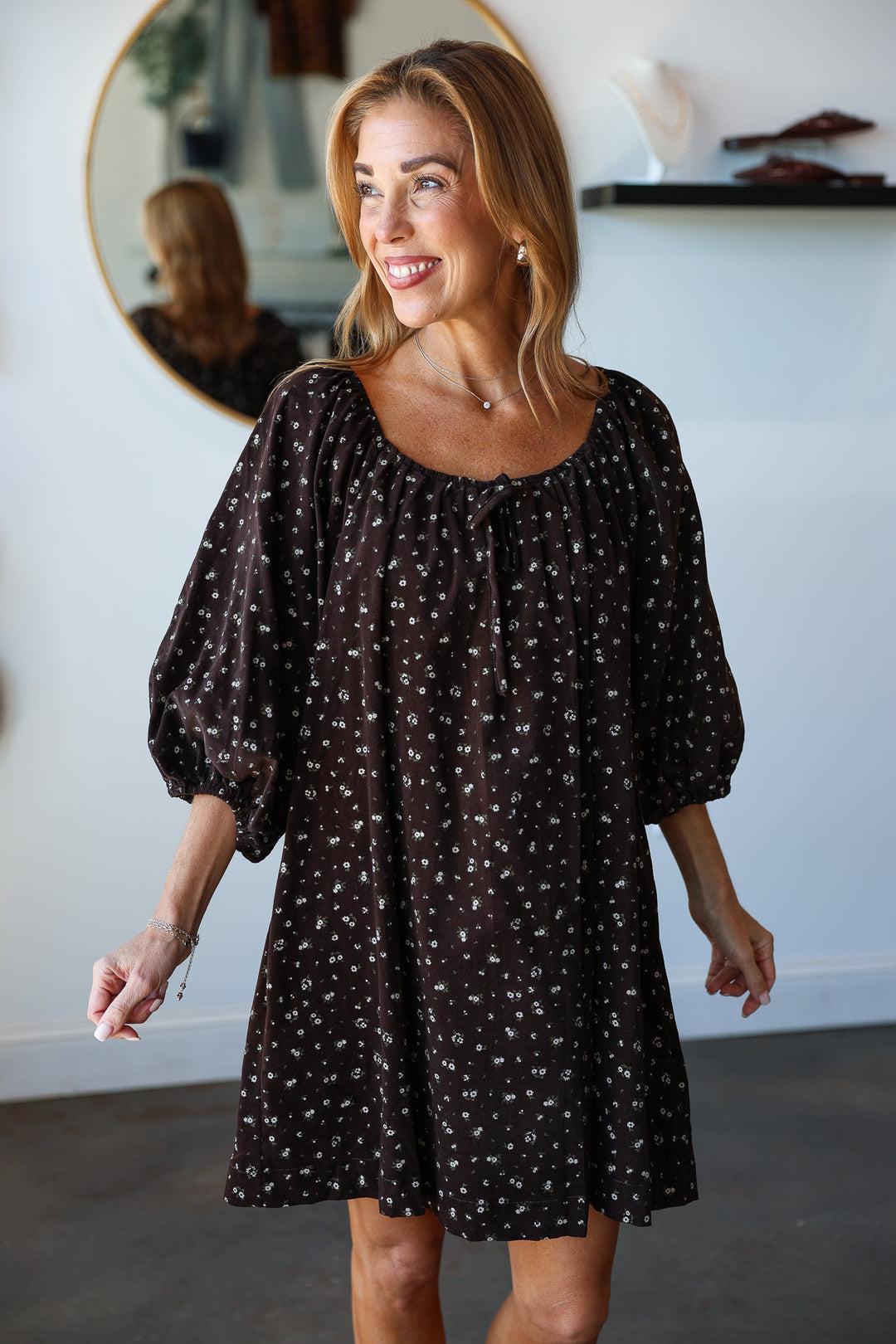 Ditsy Floral Mini Corduroy Dress - Chocolate
