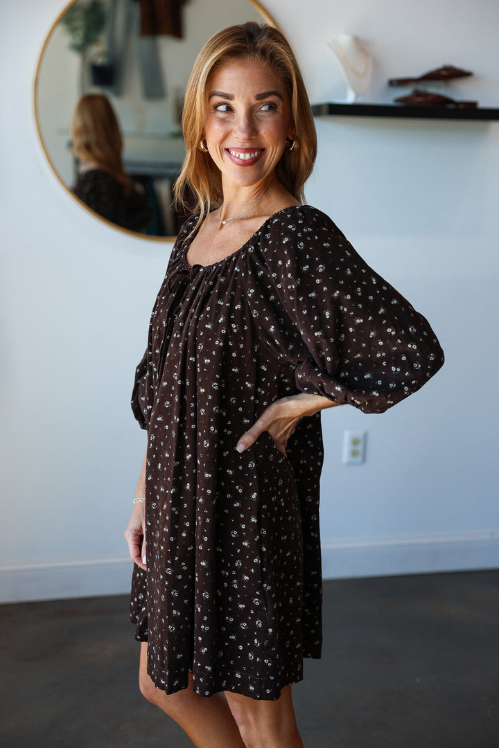 Ditsy Floral Mini Corduroy Dress - Chocolate