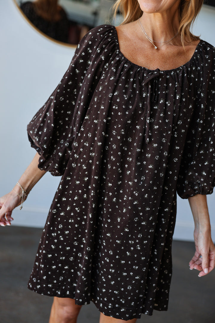 Ditsy Floral Mini Corduroy Dress - Chocolate
