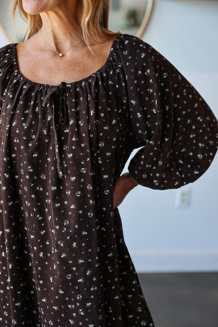 Ditsy Floral Mini Corduroy Dress - Chocolate
