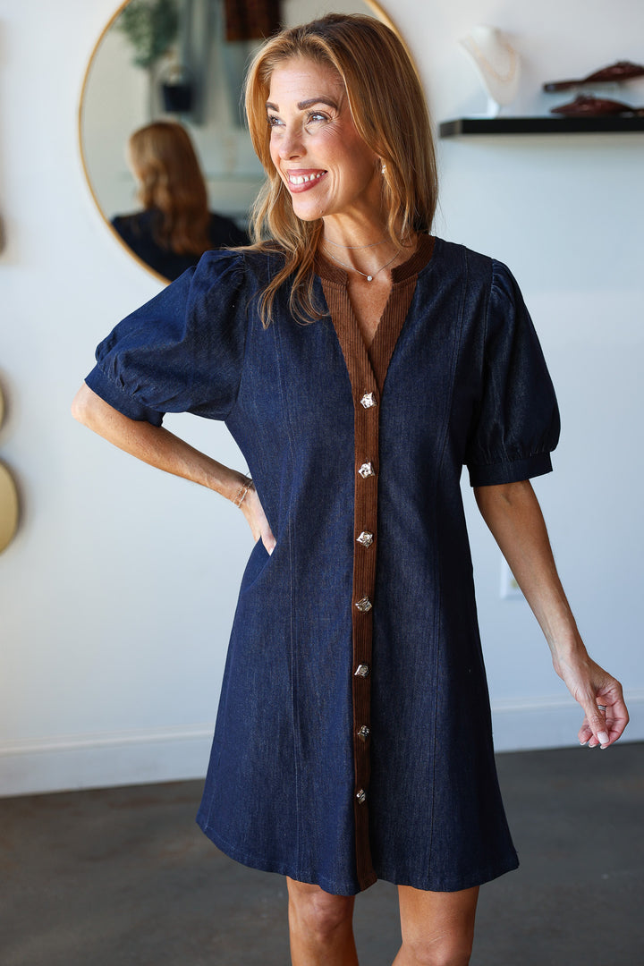 Corduroy Trim Denim Dress
