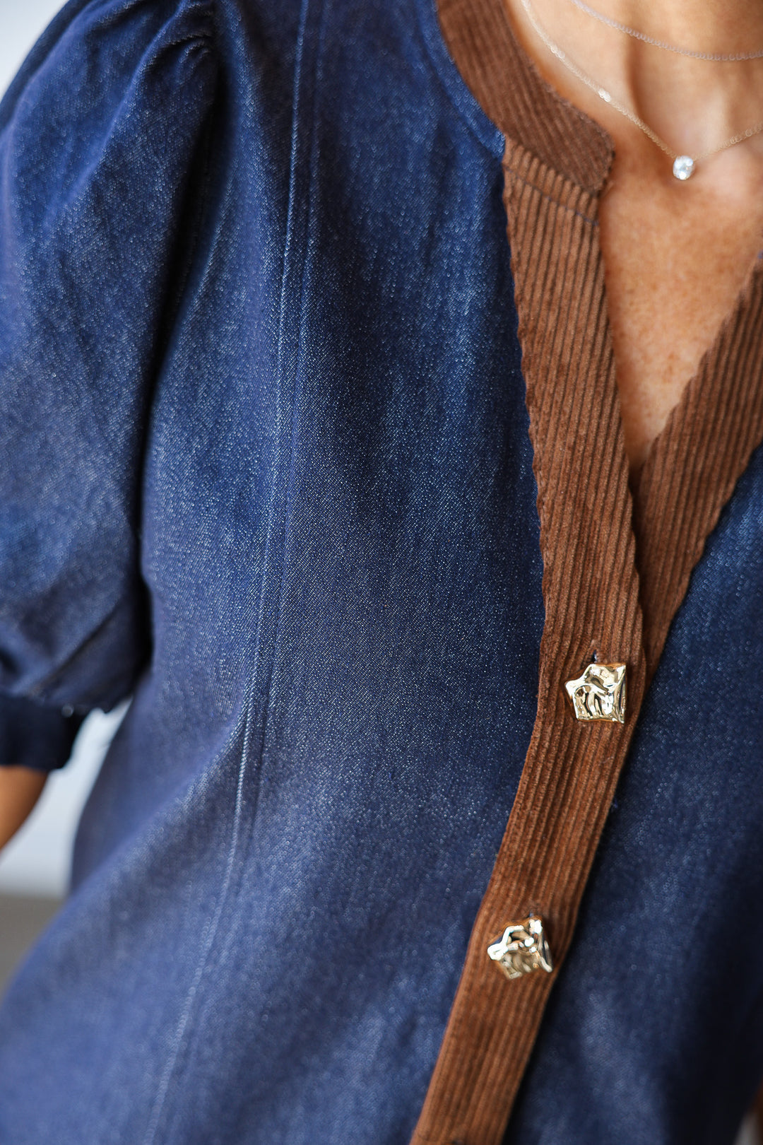 Corduroy Trim Denim Dress
