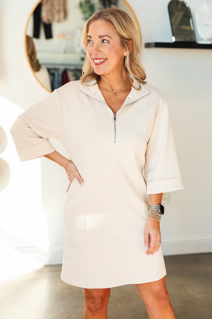 Quarter Zip Scuba Dress - Ecru