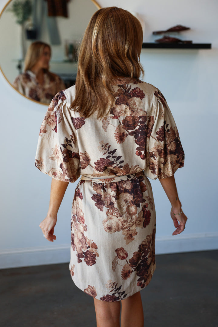 Botanical Denim Tie Waist Dress