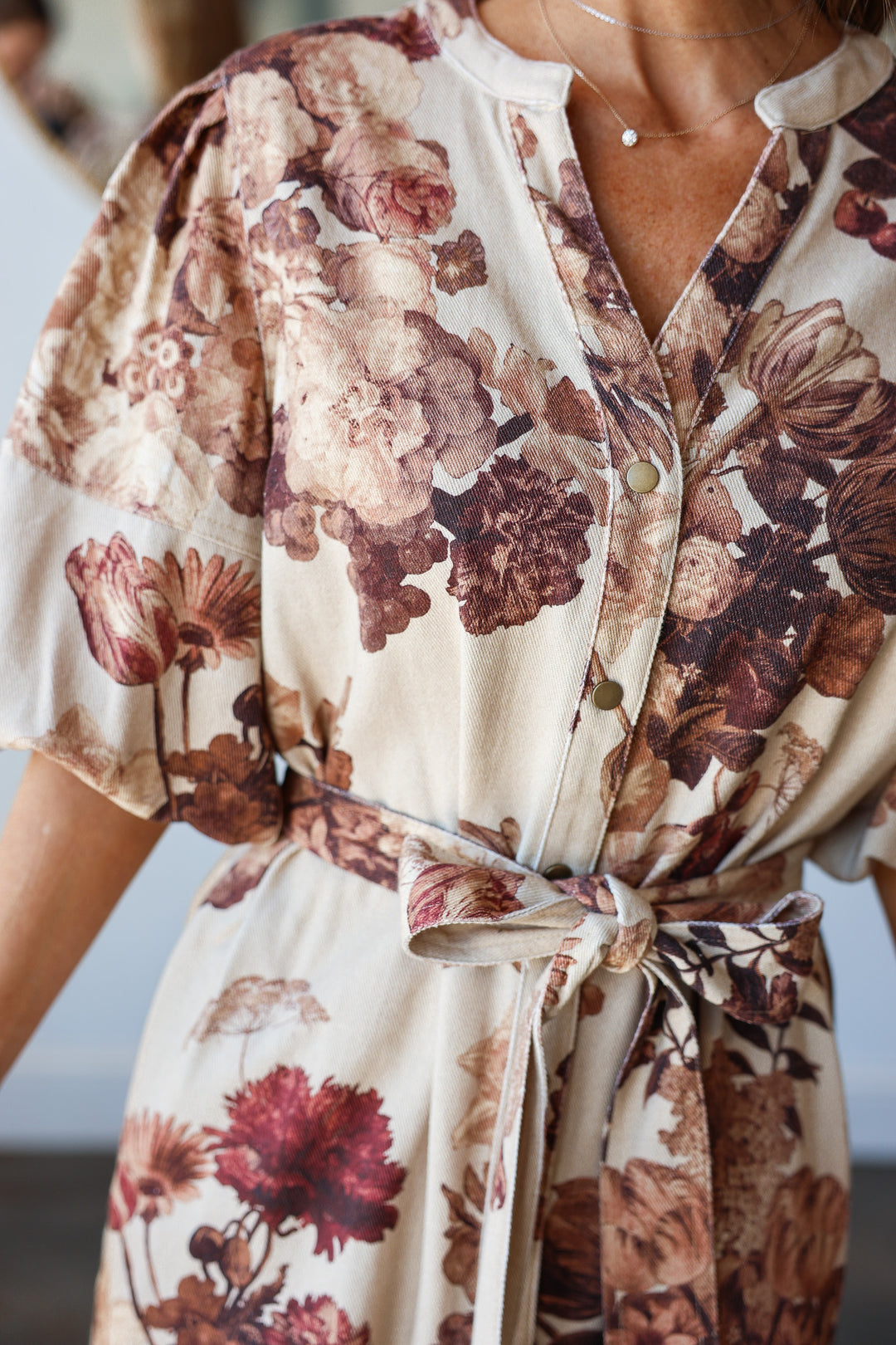 Botanical Denim Tie Waist Dress
