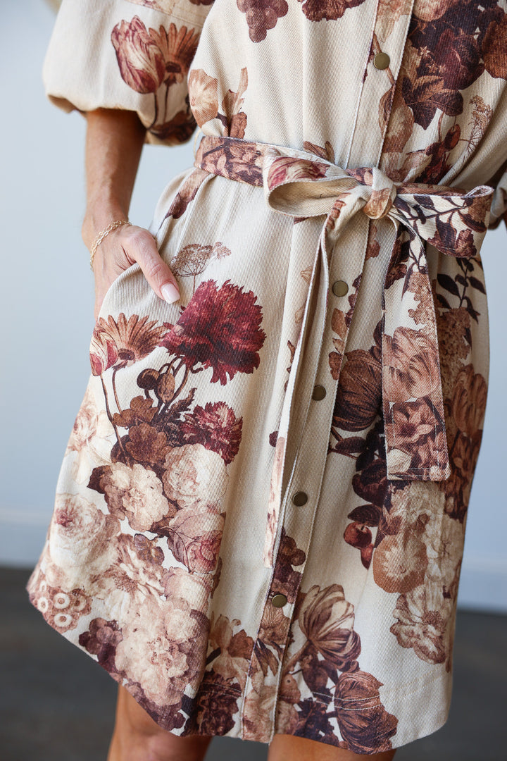 Botanical Denim Tie Waist Dress