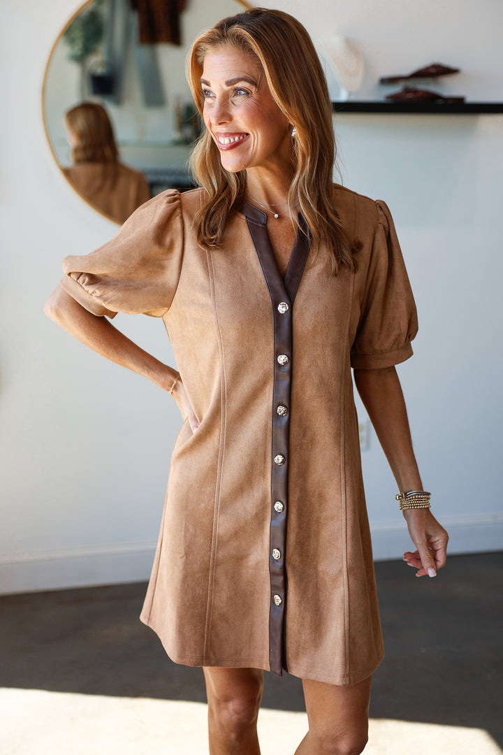 Leather Trim Button Front Dress - Camel