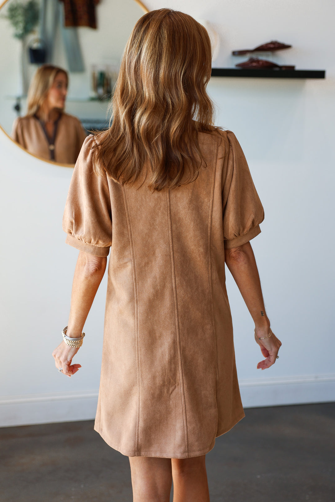 Leather Trim Button Front Dress - Camel