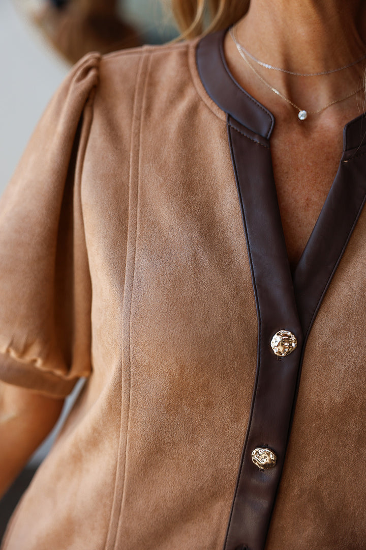 Leather Trim Button Front Dress - Camel