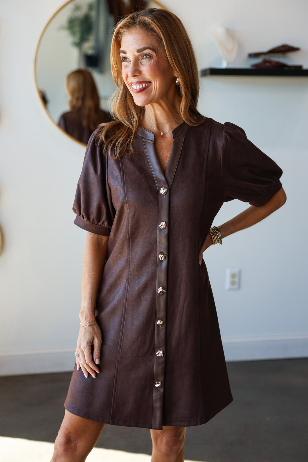 Leather Trim Button Front Dress - Brown