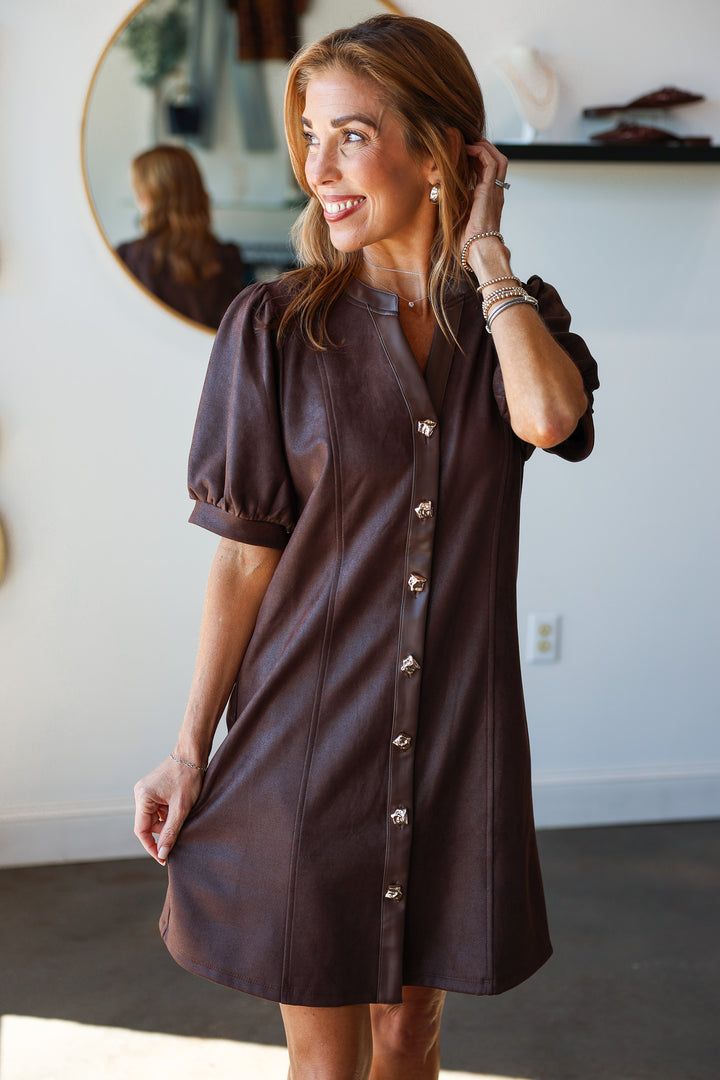 Leather Trim Button Front Dress - Brown