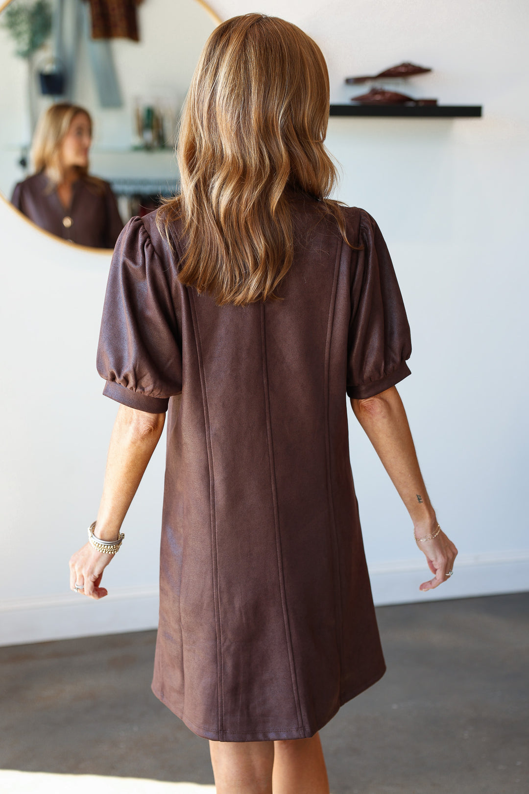 Leather Trim Button Front Dress - Brown