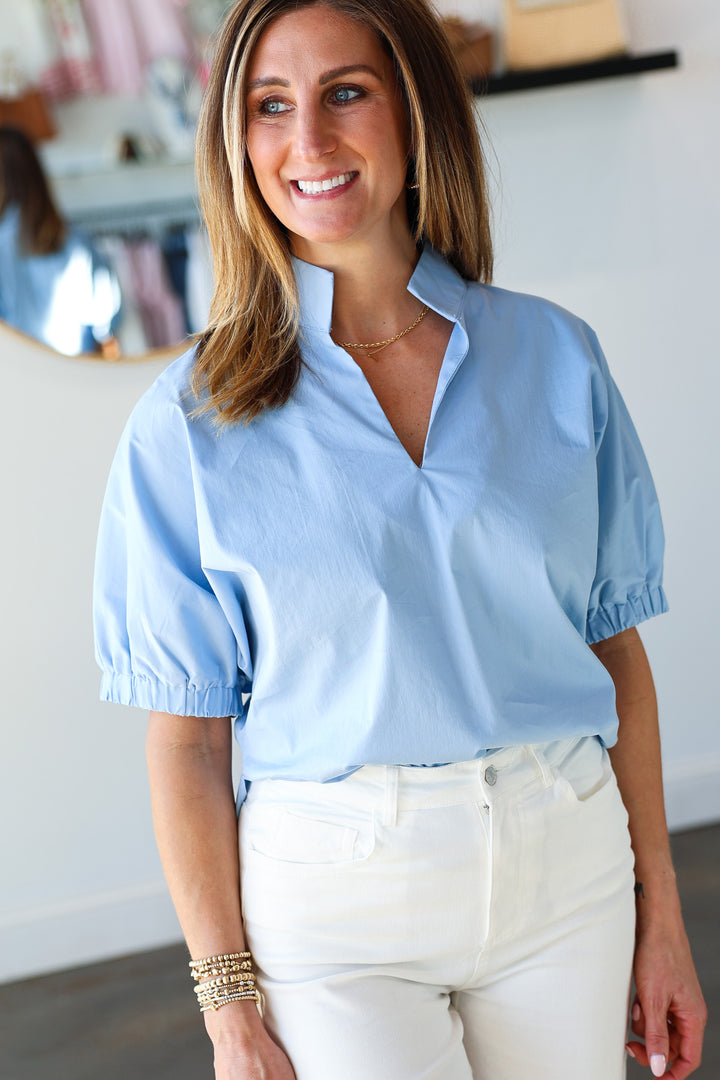 V Neck Relaxed Poplin Top - Blue