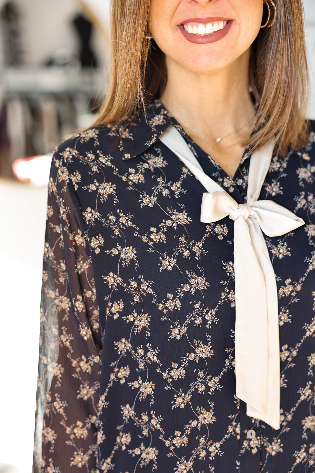 Tie Neck Floral Blouse - Navy