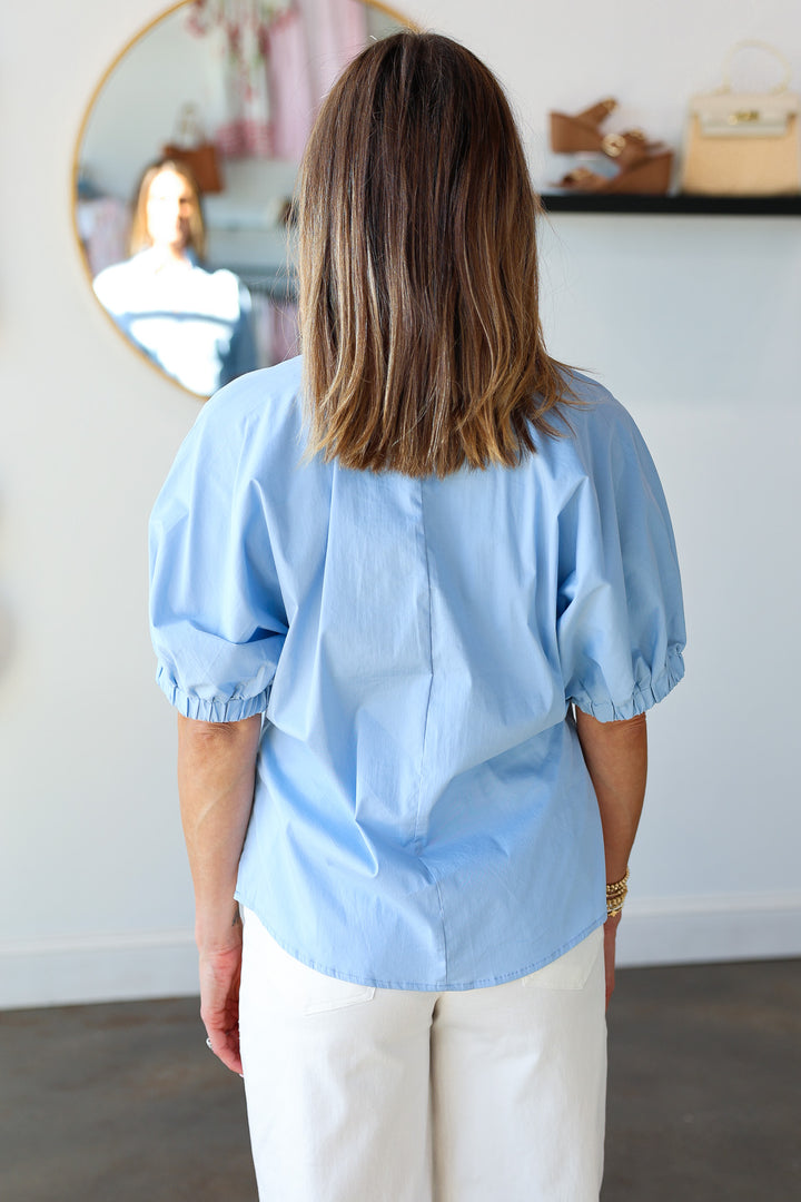 V Neck Relaxed Poplin Top - Blue