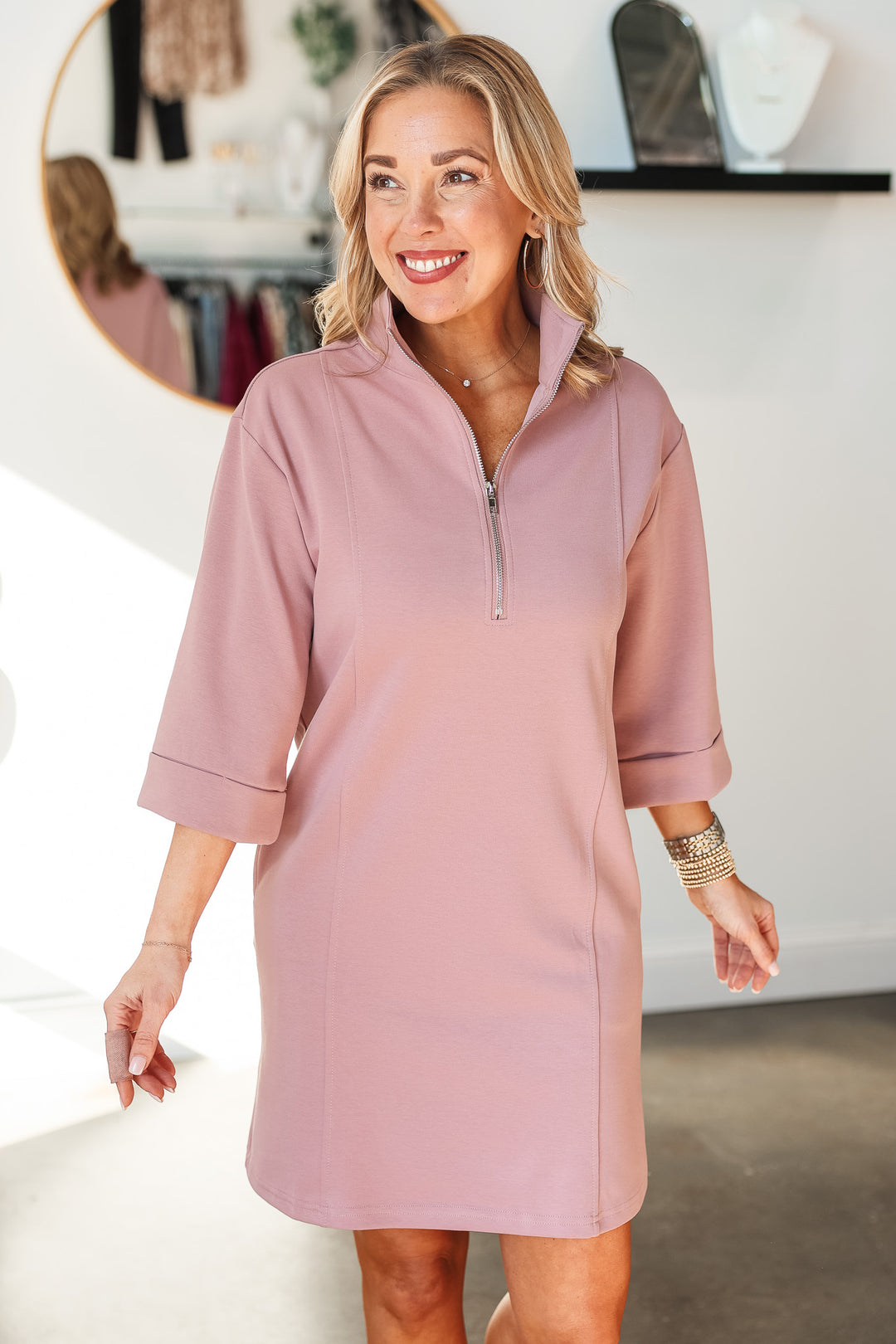 Quarter Zip Scuba Dress - Mauve