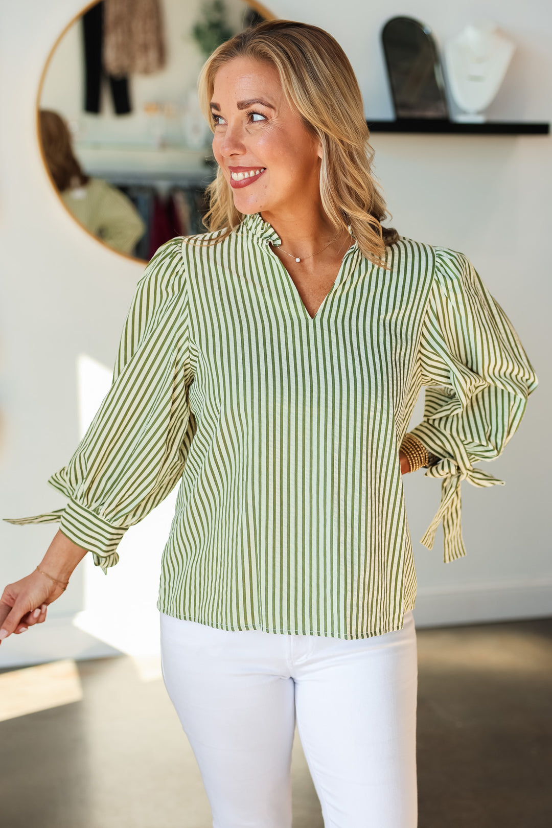 Bow Sleeve Striped Top - Olive