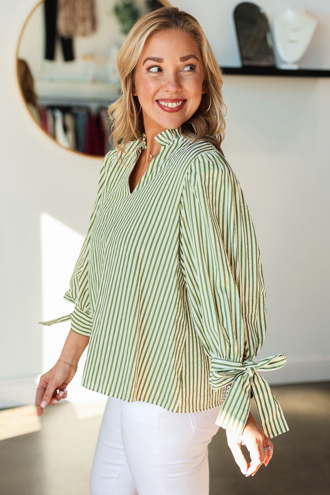 Bow Sleeve Striped Top - Olive