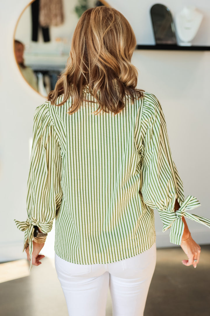 Bow Sleeve Striped Top - Olive