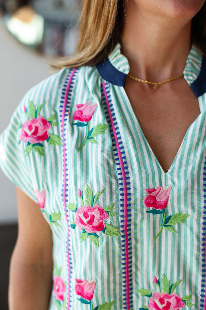 Floral Embroidered Striped Top