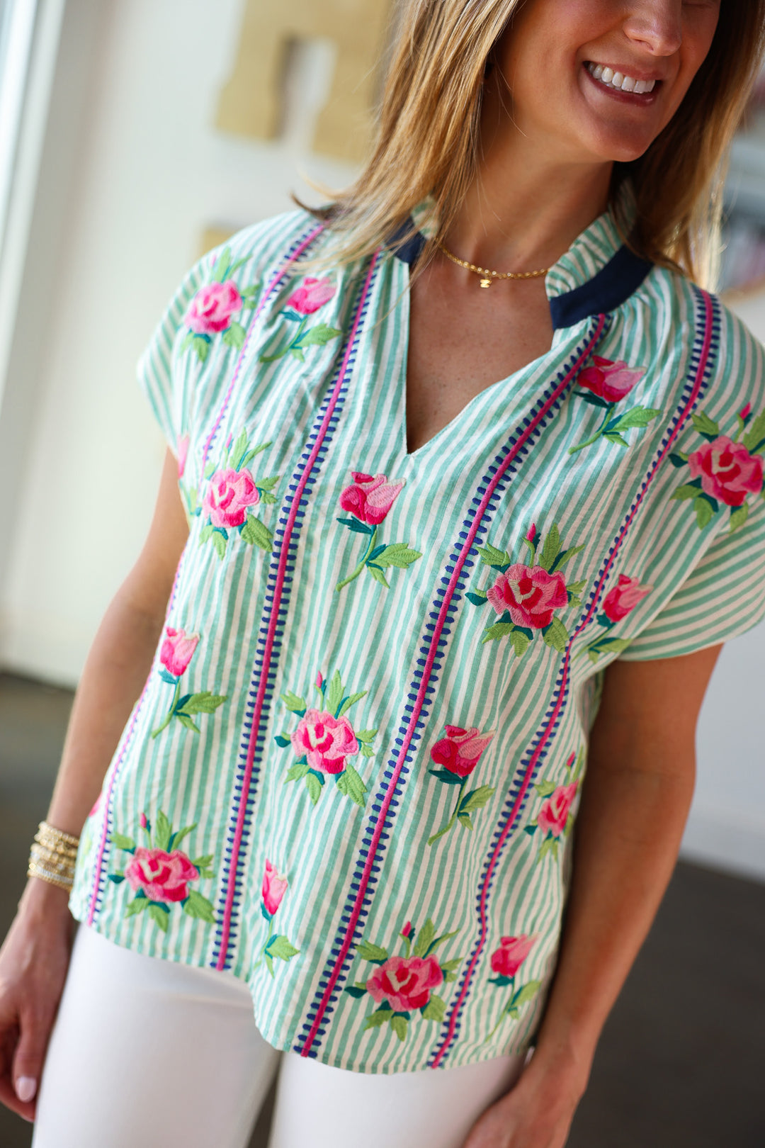 Floral Embroidered Striped Top