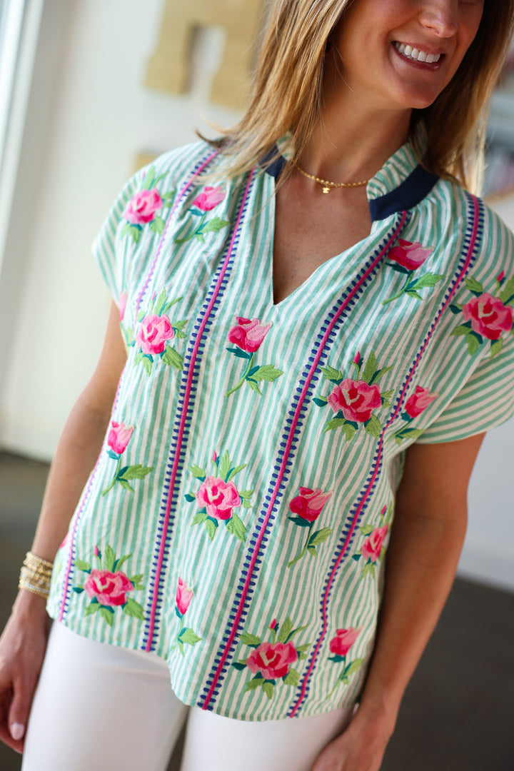 Floral Embroidered Striped Top