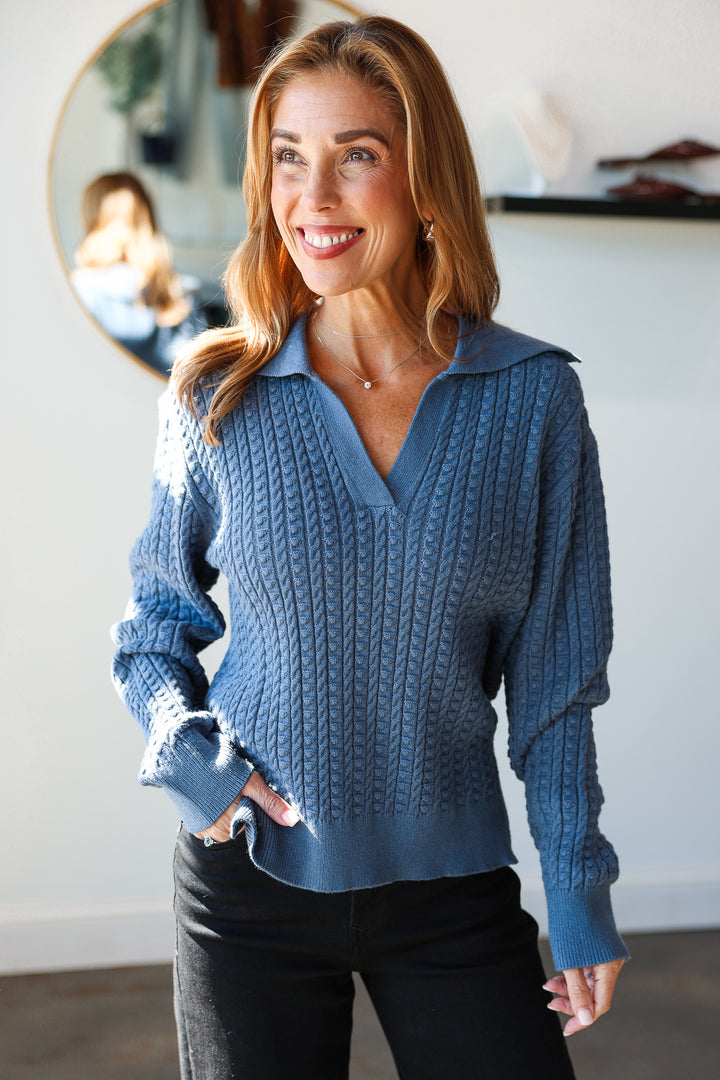 Collared Cable Knit Sweater - Dusty Blue