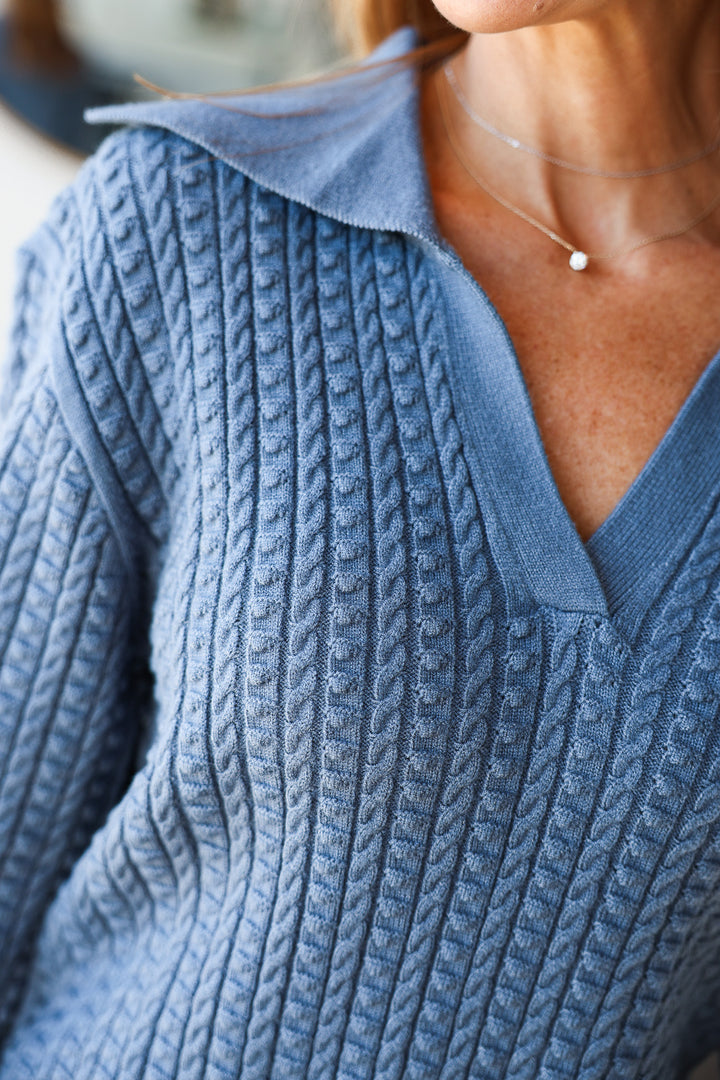 Collared Cable Knit Sweater - Dusty Blue