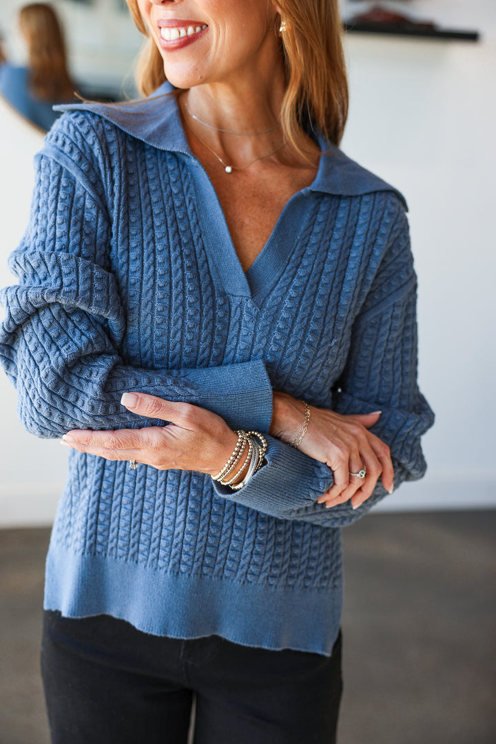 Collared Cable Knit Sweater - Dusty Blue