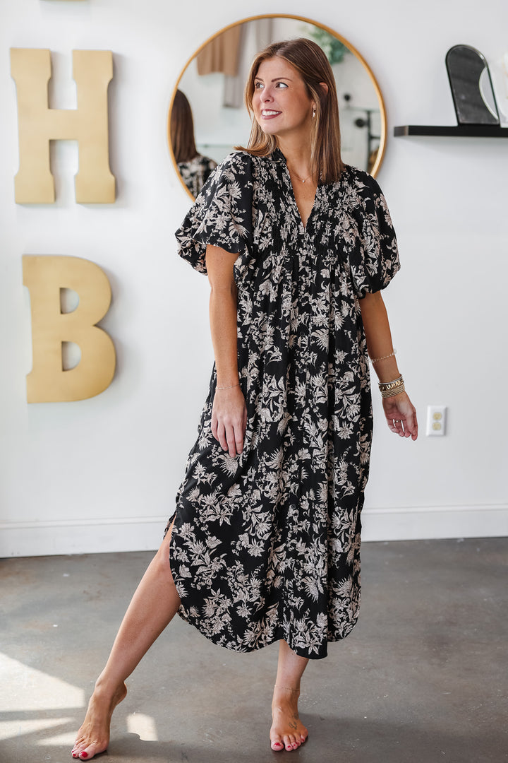 Smocked Floral Maxi Dress - Black