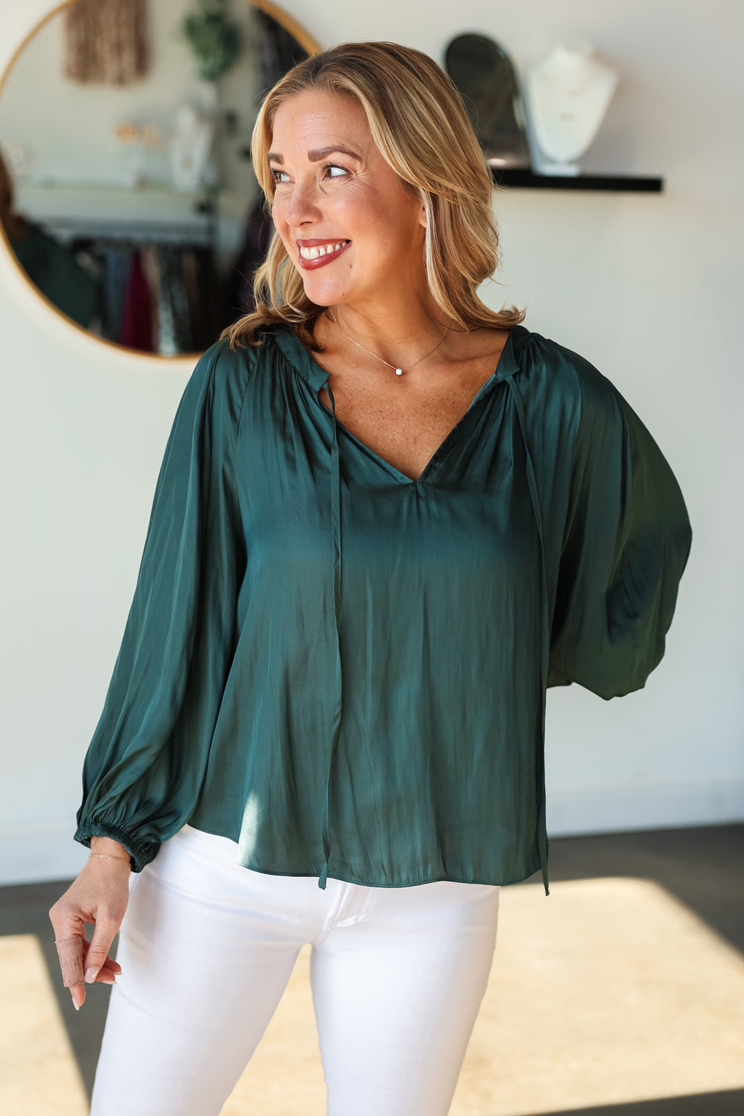 Tie Neck Satin Top - Forest Green