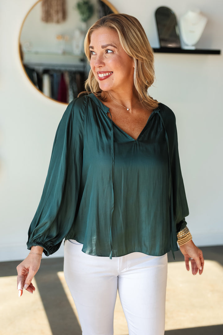 Tie Neck Satin Top - Forest Green