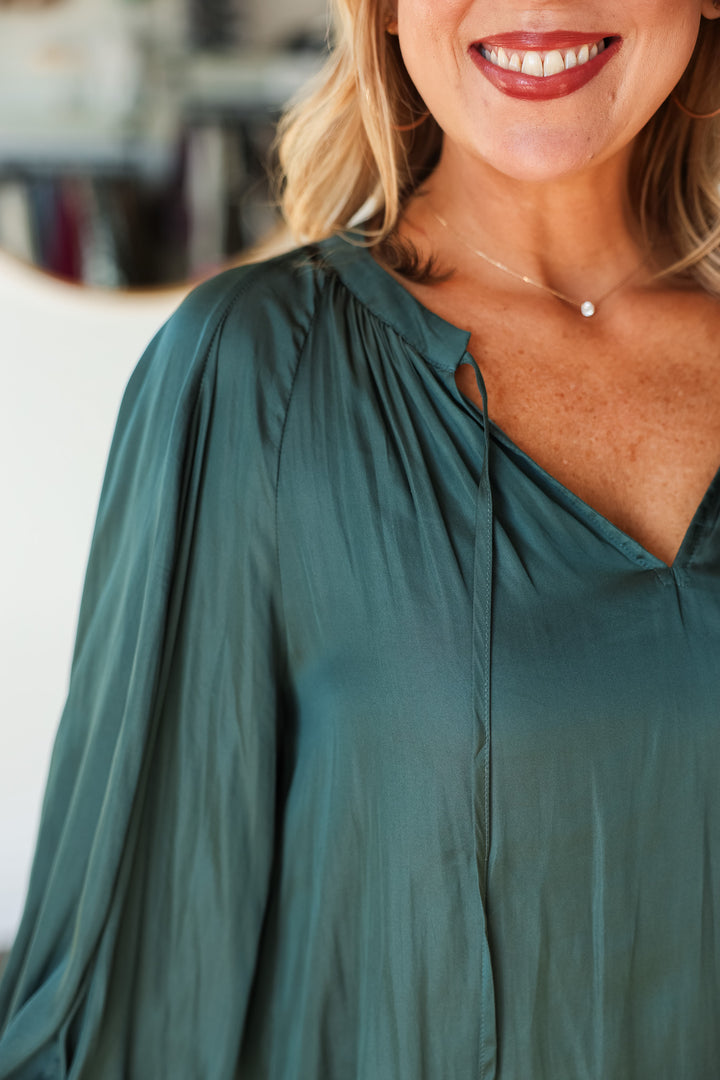 Tie Neck Satin Top - Forest Green