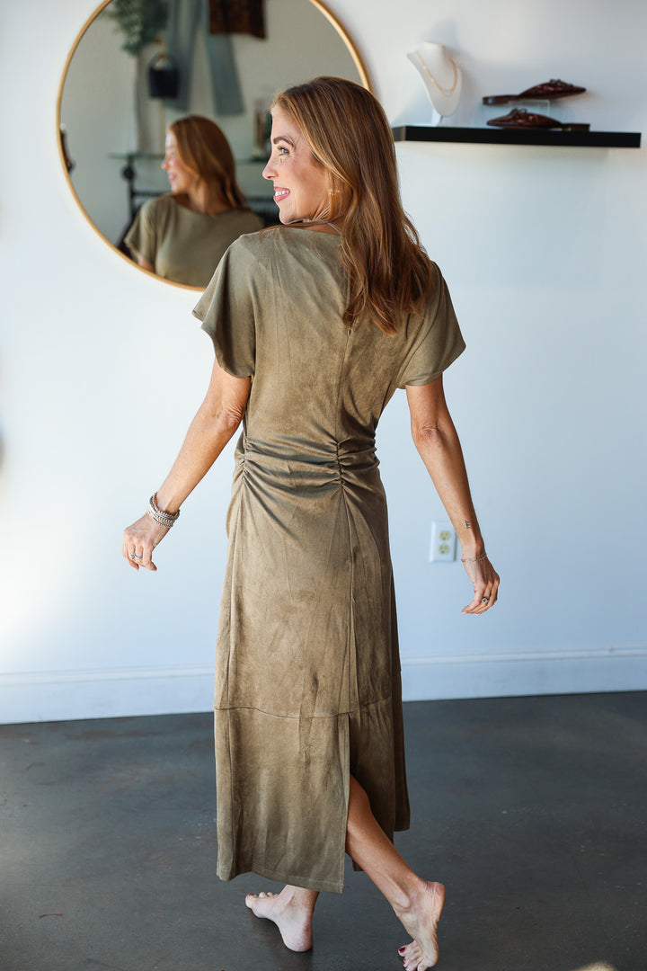 Faux Suede Midi Dress - Olive