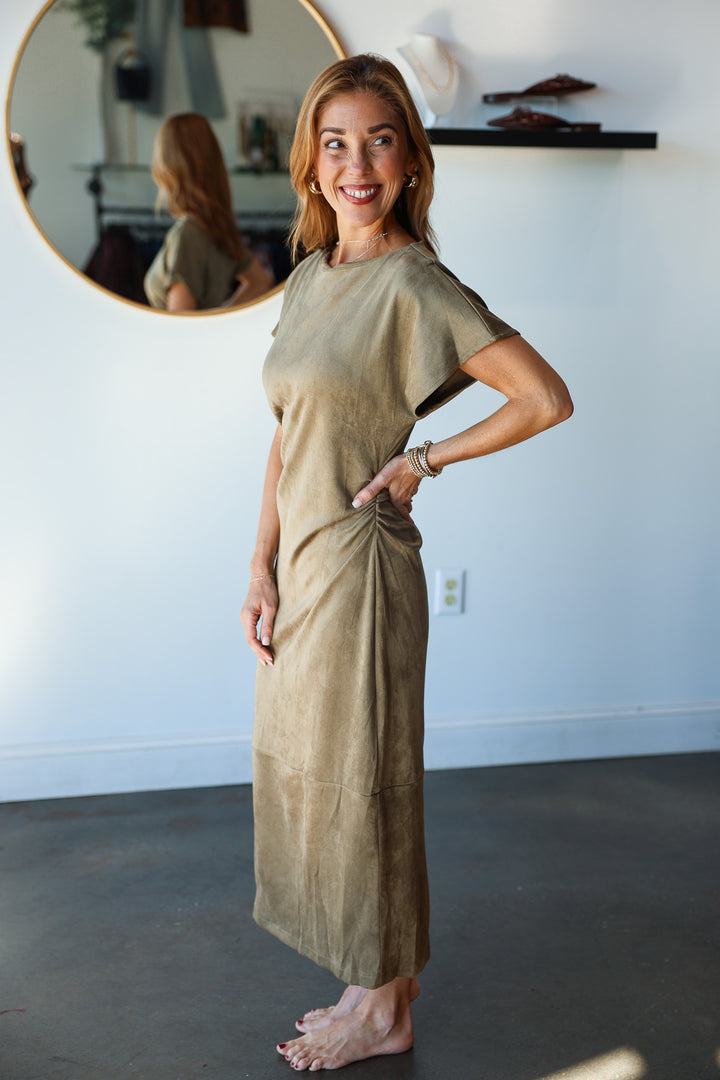 Faux Suede Midi Dress - Olive
