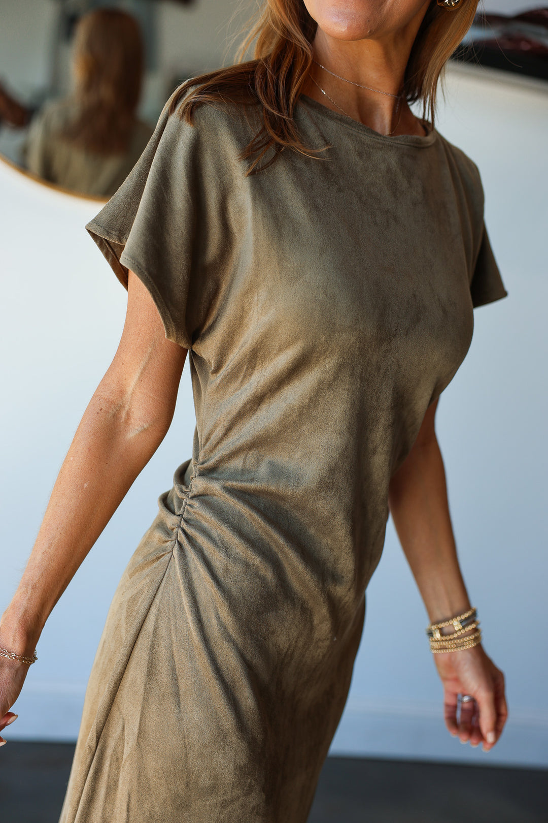 Faux Suede Midi Dress - Olive