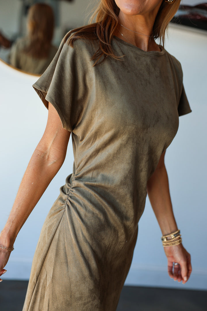 Faux Suede Midi Dress - Olive
