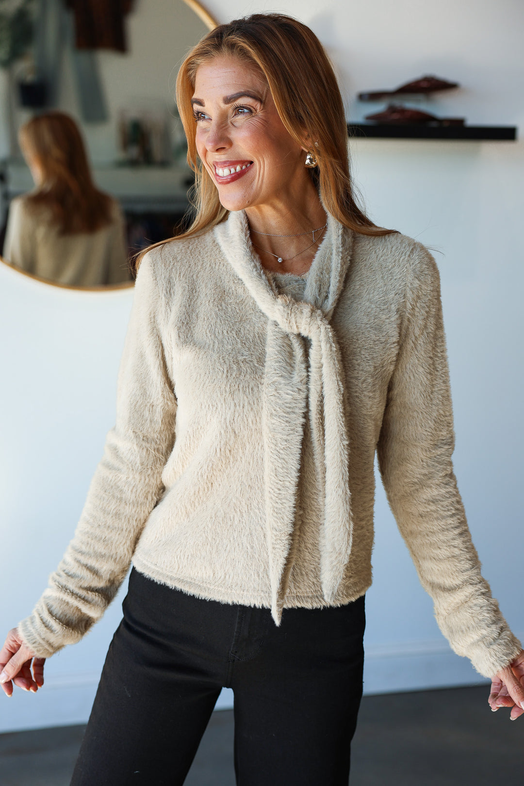 Tie Neck Fuzzy Sweater - Taupe