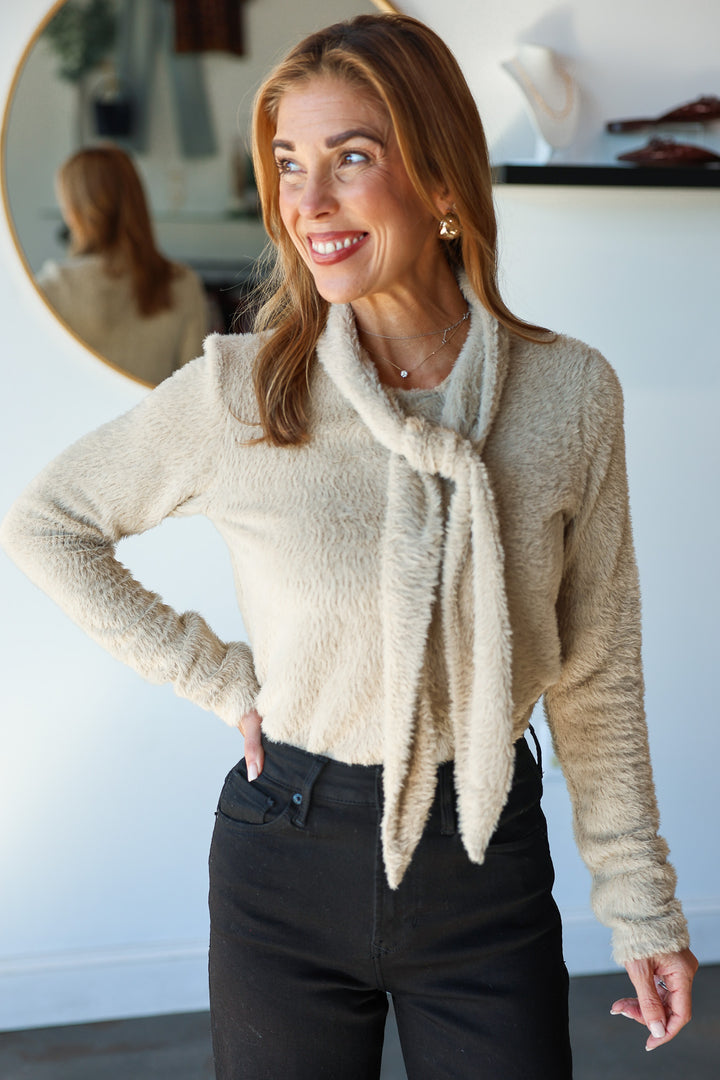 Tie Neck Fuzzy Sweater - Taupe