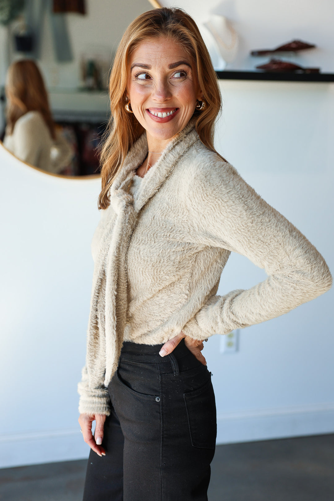 Tie Neck Fuzzy Sweater - Taupe