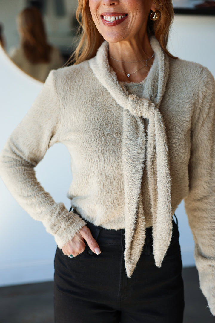 Tie Neck Fuzzy Sweater - Taupe