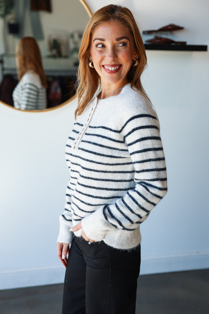 Button Front Striped Sweater - Ecru