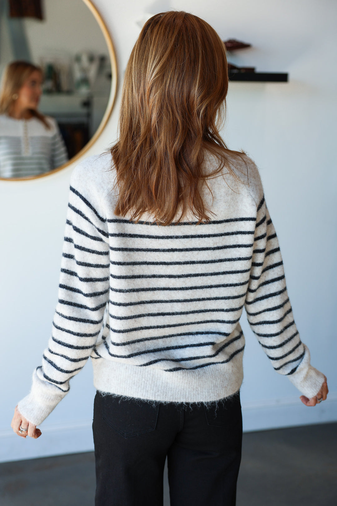 Button Front Striped Sweater - Ecru