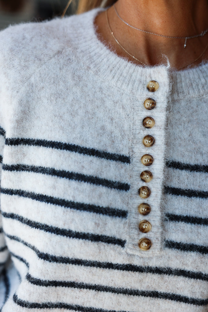 Button Front Striped Sweater - Ecru