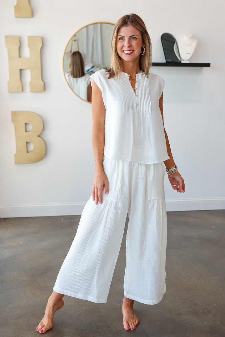 Wide Leg Shirring Detail Pants - White