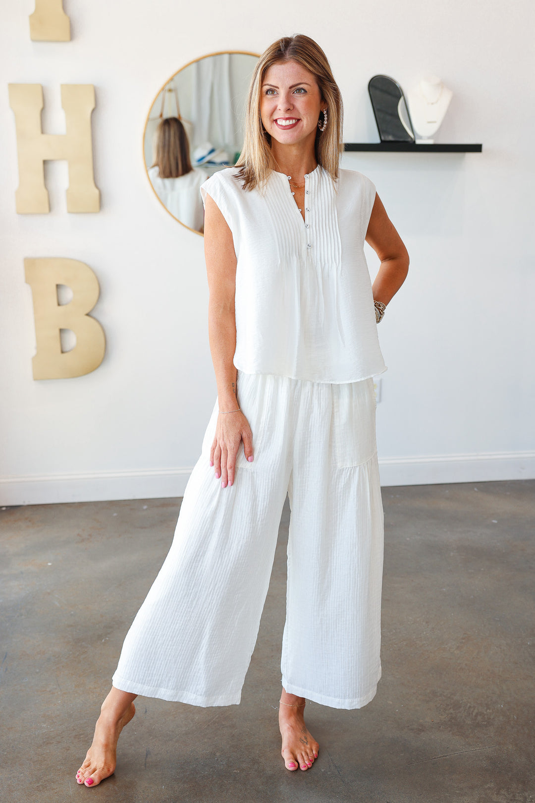 Wide Leg Shirring Detail Pants - White