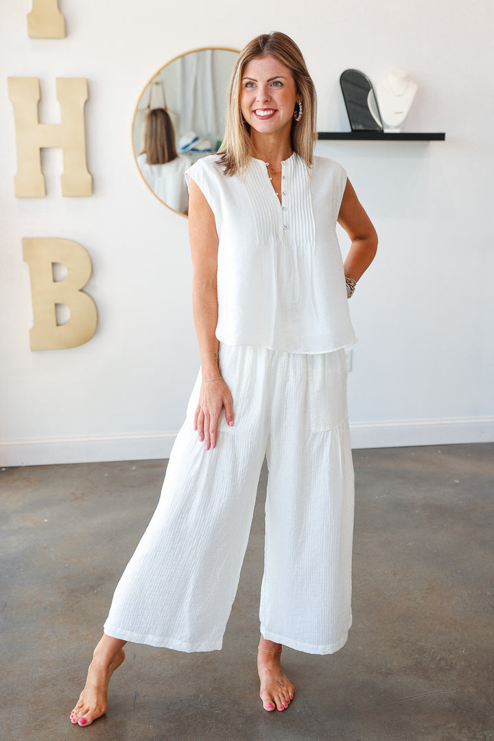 Wide Leg Shirring Detail Pants - White