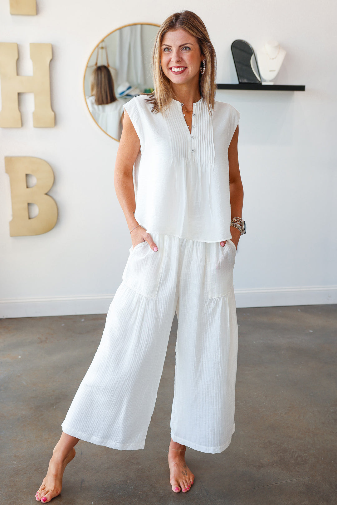 Wide Leg Shirring Detail Pants - White