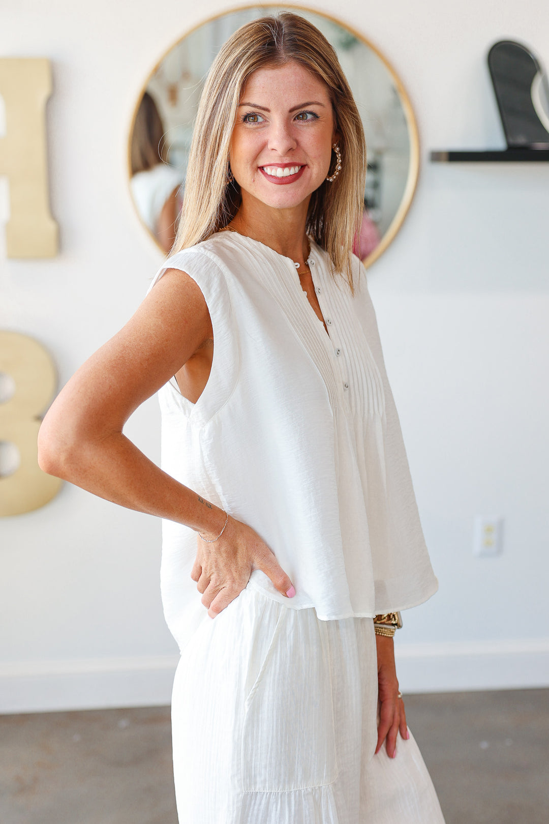 Pintuck Detail Button Front Top - White