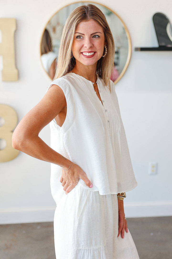 Pintuck Detail Button Front Top - White